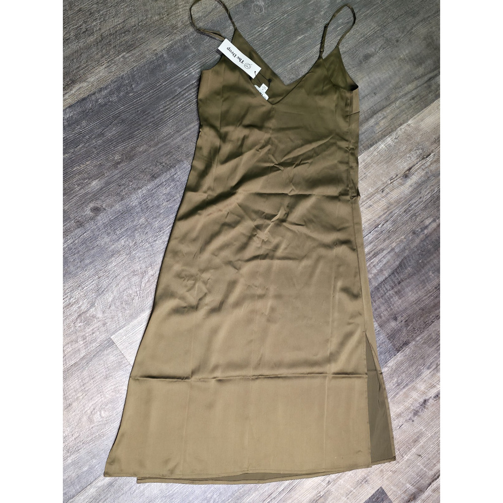 The Drop Ana Slip Dress Dark Olive Green Womens XS NWT V-Neck Side Slit Satin - Picture 7 of 10
